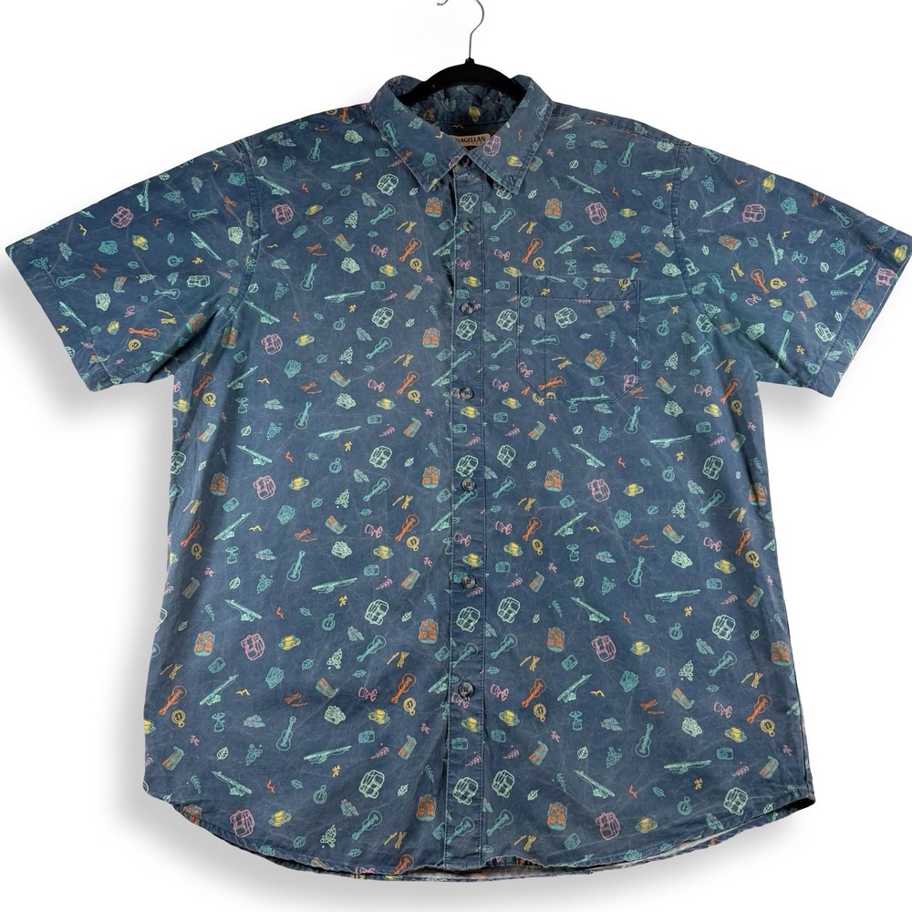 Magellan Outdoors Mens Large Blue Camping Novelty Print Button Down Shirt